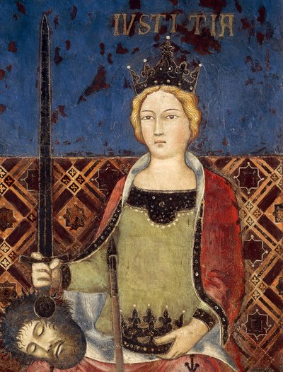 Allegorie van Goed Bestuur, Gerechtigheid, detail van Allegorie en Effecten van Goed en Slecht Bestuur op Stad en Land door Ambrogio Lorenzetti