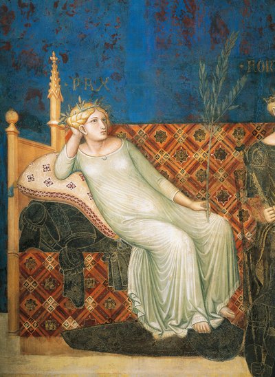 Allegorie van Goed Bestuur, vrede, detail uit Allegorie en Effecten van Goed en Slecht Bestuur op Stad en Land door Ambrogio Lorenzetti