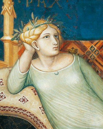Allegorie van goed bestuur, vrede, detail uit Allegorie en effecten van goed en slecht bestuur in stad en land door Ambrogio Lorenzetti