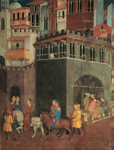 Effecten van Goed Bestuur in de stad, Processie van Adel op straten van de stad, detail uit Allegorie en Effecten van Goed en Slecht Bestuur op Stad en Land door Ambrogio Lorenzetti