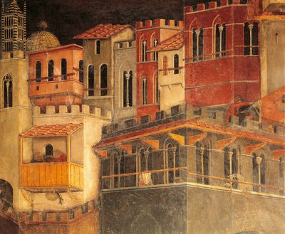 Effecten van goed bestuur in de stad, huizen, detail uit Allegorie en effecten van goed en slecht bestuur in stad en land door Ambrogio Lorenzetti door Ambrogio Lorenzetti