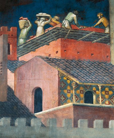 Effecten van Goed Bestuur in de stad, metselaars aan het werk, detail uit Allegorie en Effecten van Goed en Slecht Bestuur op Stad en Land door Ambrogio Lorenzetti