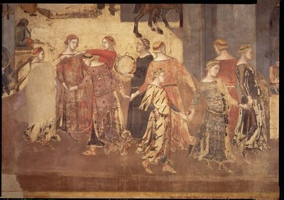 Effecten van Goed Bestuur in de Stad, detail van dansers en tamboerijnspelers, 1338-40 door Ambrogio Lorenzetti