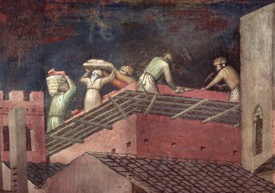 Effecten van Goed Bestuur in de Stad, detail (bouwvakkers die een huis bouwen) door Ambrogio Lorenzetti