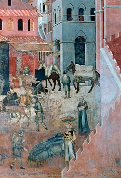 Effecten van goed bestuur op het stadsleven, detail, 1338-1340 door Ambrogio Lorenzetti
