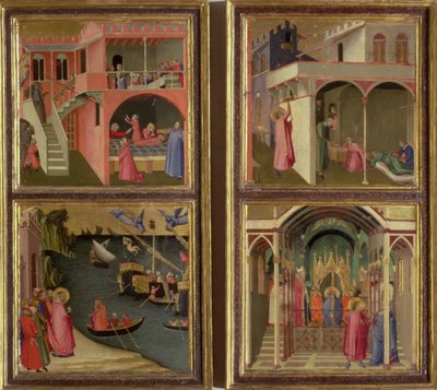 Vier Scènes uit het Leven van St. Nicolaas: St. Nicolaas geeft drie meisjes hun bruidsschat; St. Nicolaas gekozen tot Bisschop van Mira; Een jongen die door de Duivel werd gewurgd weer tot leven brengen; Mira bevrijden van hongersnood door Ambrogio Lorenzetti