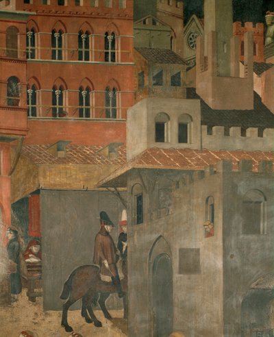 Huizen en ruiters (muurschildering) door Ambrogio Lorenzetti
