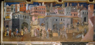 De effecten van goed en slecht bestuur in de stad en op het platteland (detail) door Ambrogio Lorenzetti