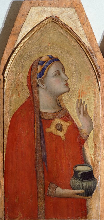 Maria Magdalena, detail van drieluik met Madonna en Kind met Maria Magdalena en Sint Dorothea door Ambrogio Lorenzetti (1290-ca 1348) door Ambrogio Lorenzetti
