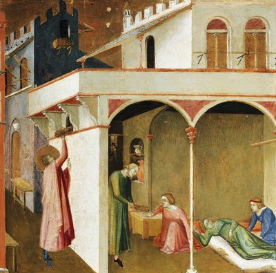 Nicolas gooit geld in het huis van drie jonge meisjes door Ambrogio Lorenzetti