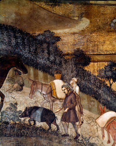 Boeren ploegen de velden. Detail van De effecten van goed en slecht bestuur op de stad en het platteland door Ambrogio Lorenzetti