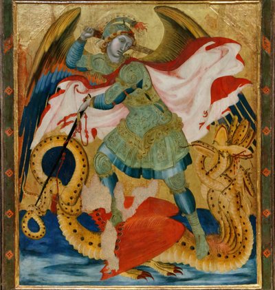 Sint Michaël de aartsengel die de draak doodt tussen de heiligen Benedictus en Bartholomeus door Ambrogio Lorenzetti