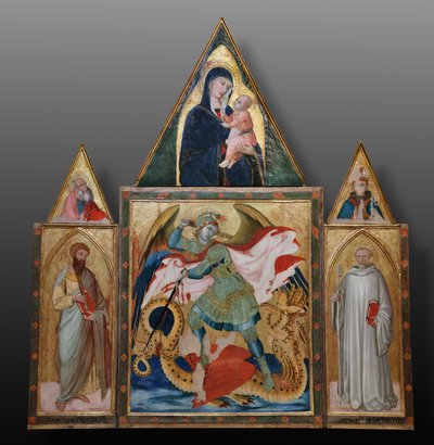 Sint Michaël de aartsengel die de draak doodt tussen de heiligen Benedictus en Bartholomeus door Ambrogio Lorenzetti