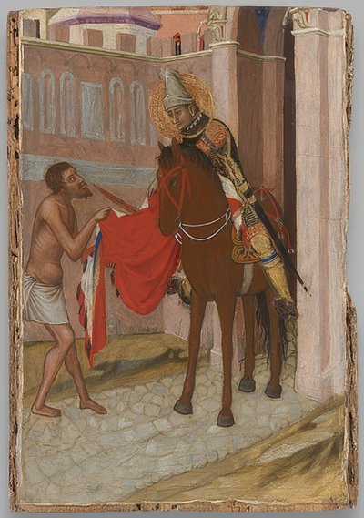 Sint Maarten van Tours deelt zijn mantel met een bedelaar. Circa 1340 door Ambrogio Lorenzetti