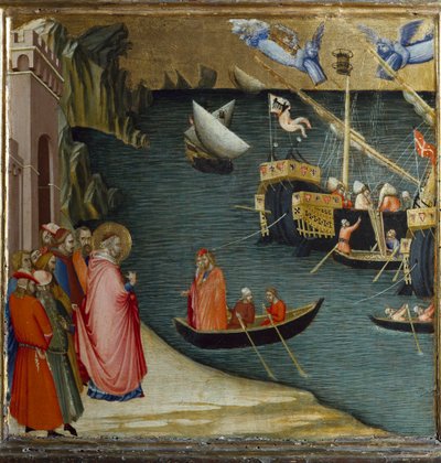 Sint Nicolaas, bisschop van Myra, redt een schip met een lading tarwe uit de storm door Ambrogio Lorenzetti