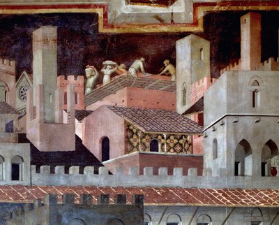 De effecten van goed en slecht bestuur op de stad en het land (detail) door Ambrogio Lorenzetti