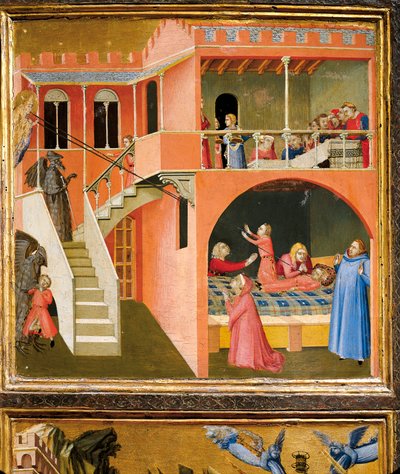 Wonder van St. Nicolaas die jongen door demon geposeerd tot leven wekt, detail uit wonderen van St. Nicolaas van Bari door Ambrogio Lorenzetti