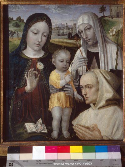 Madonna en Kind, Sint Catharina van Siena en een Kartuizer monnik door Ambrogio da Fossano (c.1460 1523)