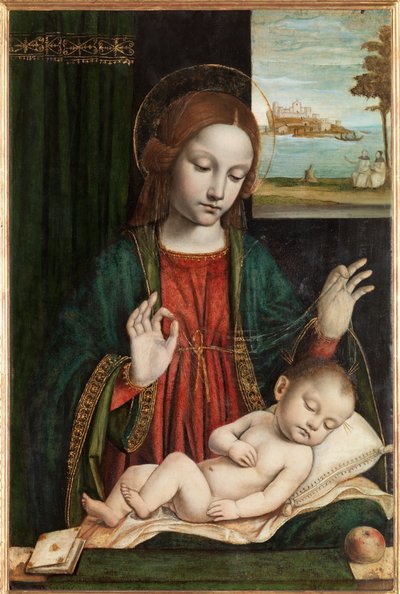 Madonna en slapend kind (Madonna van de sluier) door Ambrogio da Fossano (c.1460 1523)