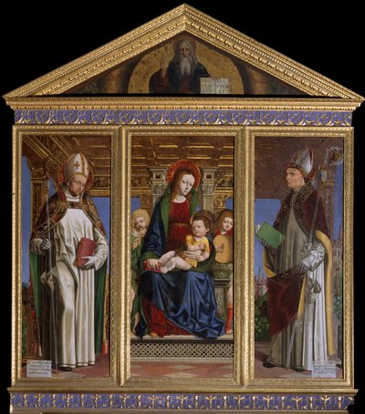 Maagd en Kind met de Heiligen Sint Hugo van Avalon (of Hugo van Lincoln) (1140-1200) en Sint Hugo van Grenoble (of Hugo van Chateauneuf) (1053-1132) door Ambrogio da Fossano (c.1460 1523)