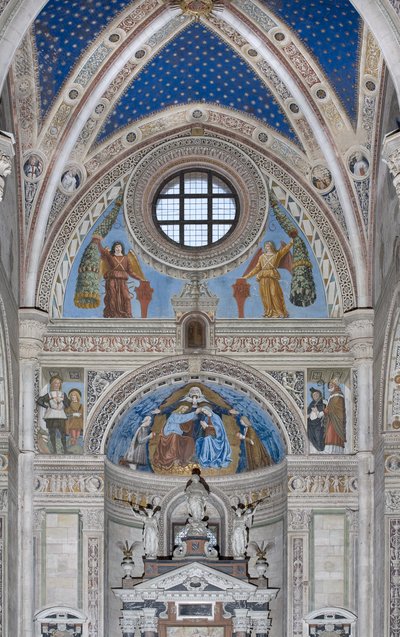 Kroning van de Maagd Maria met God en de Heilige Geest tussen Francesco en Ludovico Sforza door Ambrogio da Fossano
