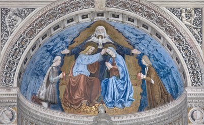 Kroning van de Maagd Maria met God en de Heilige Geest tussen Francesco en Ludovico Sforza door Ambrogio da Fossano