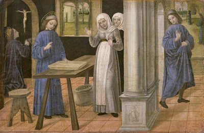 Het Gebed, Het Wonder van de Zeef en het Vertrek naar Subiaco, predellapaneel van een altaarstuk met Scènes uit het Leven van St. Benedictus, 1488-95 door Ambrogio da Fossano
