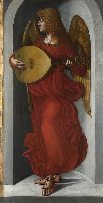 Een engel in rood met luit (vleugel van het altaar van San Francesco, Milaan) door Ambrogio de Predis