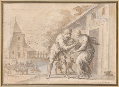 De geitenhoeder Lamon die de baby Daphnis aan zijn vrouw Myrtele overhandigt door Ambroise Dubois