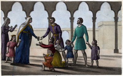 Batilde (of Bathilde, vrouw van Clovis II) schaft een dure belasting af die de Galliërs per hoofd betaalden, klein en groot. - Abdij van Chelles. Ontworpen en gegraveerd door Ambroise Tardieu in 1825 door Ambroise Tardieu