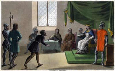Childebert II de rechtvaardige die recht spreekt aan zijn onderdanen (711). Ontworpen en gegraveerd door Ambroise Tardieu in 1825 door Ambroise Tardieu