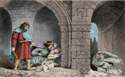 Childebert I (c498-558) bij de moord op de erfgenamen van zijn broers - Childebert I liet Clotaire (Clothaire) de kinderen van hun broer Clodomir, koning van Orleans, afslachten, wiens staten ze delen - Gravure van 1825 in 