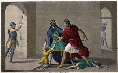 Childebert I laat Clotaire de kinderen van hun broer Clodomir, koning van Orléans, afslachten, wiens staten ze delen. Ontworpen en gegraveerd door Ambroise Tardieu in 1825 door Ambroise Tardieu