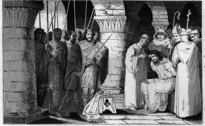 Childeric III (714-751) wordt afgezet en opgesloten in een klooster - Childeric III afgezet en opgesloten door Pepijn de Korte in een klooster in Saint Omer tussen 742-749 - Gravure uit 1825 in 