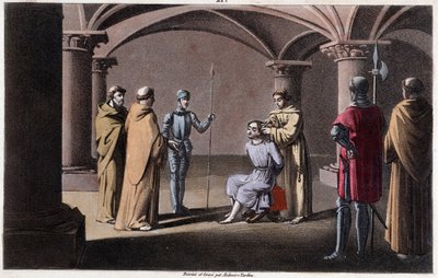Childerik III onttroont en opgesloten door Pepijn de Korte in een klooster in Saint Omer tussen 742 en 749. Ontworpen en gegraveerd door Ambroise Tardieu in 1825 door Ambroise Tardieu