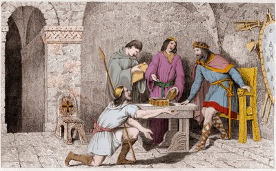 Childeric I (d481) en het Verhaal van de Twee Helften van de Gouden Munt - Childeric I, voordat hij Frankrijk verliet, had de helft van een gouden munt genomen, de andere helft had hij aan Guyeman gegeven - Ongeveer zes tot acht jaar later, zag Guyeman, de door Ambroise Tardieu