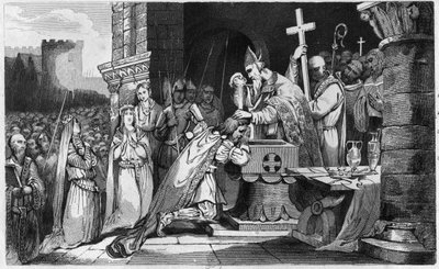 Clovis I (465-511) gedoopt met mannen uit zijn leger voor de Slag bij Tolbiac - Doop van Clovis 1e, 25 december 496: de koning der Franken (466-511) wordt gedoopt door Saint Remi (437-533), bisschop van Reims, in de Saint Martin Kerk - Gravure 1825 in 