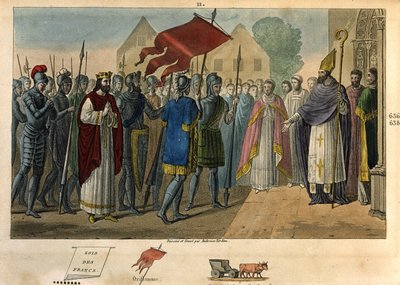 Dagobert 603 tot 639 haalt de banier neer bij St Denis - Dagobert I (? - 639), Koning der Franken, Dynastie van de Merovingen. Hij stichtte de abdij van Saint Denis waar hij de oriflamme deponeerde. Tekening en gravure door Ambroise Tardieu in 1825 door Ambroise Tardieu