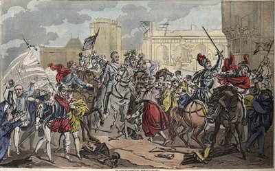 Intocht van Hendrik IV in Parijs: Hendrik IV (1553 - 1610). De bekering van de koning tot het katholicisme bracht de laatste slag toe aan de Liga, opende de poorten van Parijs en het hart van zijn onderdanen, in 1594. - Tekening en gravure door Ambroise Ta door Ambroise Tardieu