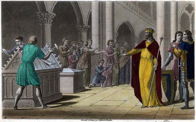Grimoald, zoon van Pepijn de Oudere, burgemeester van het paleis van Austrasië (642) onder Sigebert III. Ontworpen en gegraveerd door Ambroise Tardieu in 1825 door Ambroise Tardieu