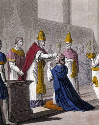Louis II werd voor de tweede keer gewijd op het Concilie van Troyes door Johannes VIII in 879 (detail). Ontworpen en gegraveerd door Ambroise Tardieu in 1825. door Ambroise Tardieu