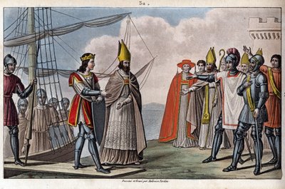 Lodewijk IV van Overzee (921-954), Karolingische dynastie. Hij werd teruggebracht van Engeland naar Frankrijk door Guillaume, Aartsbisschop van Sens, om onder de voogdij van Hugues de Grote te herwinnen. - Getekend en gegraveerd door Ambroise Tardieu in 18 door Ambroise Tardieu