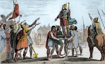 Pharamond I (ca. 370-427), koning van de Franken. Op een schild geheven door zijn volk dat hem tot koning heeft gekozen - Pharamond, erkend door de Franken-Saliërs en de Galliërs verenigd in één volk, wordt op een schild geheven en loopt triomfantelijk ron door Ambroise Tardieu