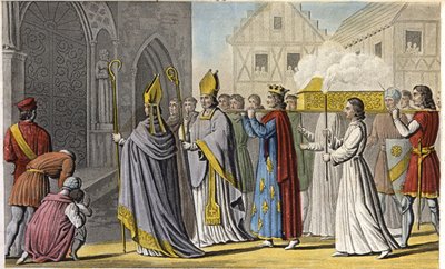 Philip III hield een plechtige dienst in de Notre-Dame en droeg de kist te voet naar Saint-Denis met de resten van Saint-Louis, het vlees en de ingewanden werden begraven nabij Palermo in Sicilië - Regering van Philip III van Frankrijk. Ceremonie door Ambroise Tardieu