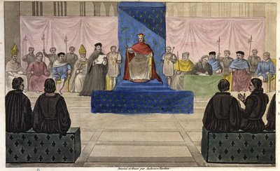Filips IV brengt de Staten-Generaal bijeen in het Louvre, bestaande uit geestelijkheid, adel en prominente bourgeois of derde stand die voor het eerst werd toegelaten in 1301 - Ontworpen en gegraveerd door Ambroise Tardieu in 1825. door Ambroise Tardieu
