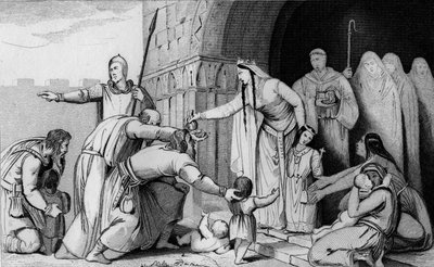 Koningin Bathild (626 of 627 tot 680) geeft geld aan de armen - Batilde (of Bathilde, vrouw van Clovis II) schaft een belasting af die de Galliërs per hoofd betaalden, omdat sommige ouders te arm waren om te betalen en hun pasgeborenen lieten sterven - Abd door Ambroise Tardieu