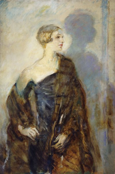 Portret van Lady Abdy, driekwart lengte, met een bontjas door Ambrose McEvoy