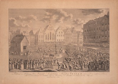 De kroningsprocessie van Frans II van de Frankfurtse Kathedraal naar Römerberg in juli 1792 door Ambrosius Gabler