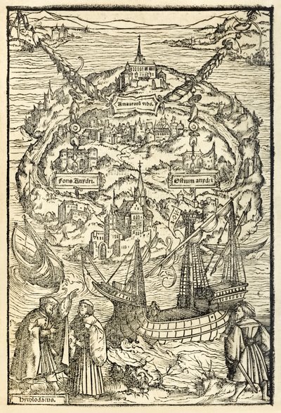 Kaart van het nieuwe eiland Utopia uit een editie van Utopia door Sir Thomas More (1478-1535), voor het eerst gepubliceerd in 1516. Houtsnede door Ambrosius Holbein (ca. 1494-ca. 1519) door Ambrosius Holbein