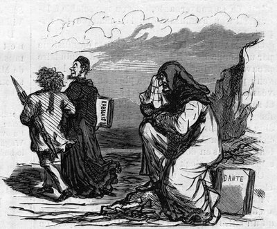 Arme Dante begint te huilen als hij Gustave Dore arm-in-arm ziet met die kleine Rabelais-man. Cartoon van Cham. Gravure in 